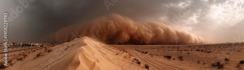 Obraz na płótnie Panorama sand storm over huge dune with powerful wind wave concept. A dramatic sandstorm approaches over vast desert landscape. w salonie