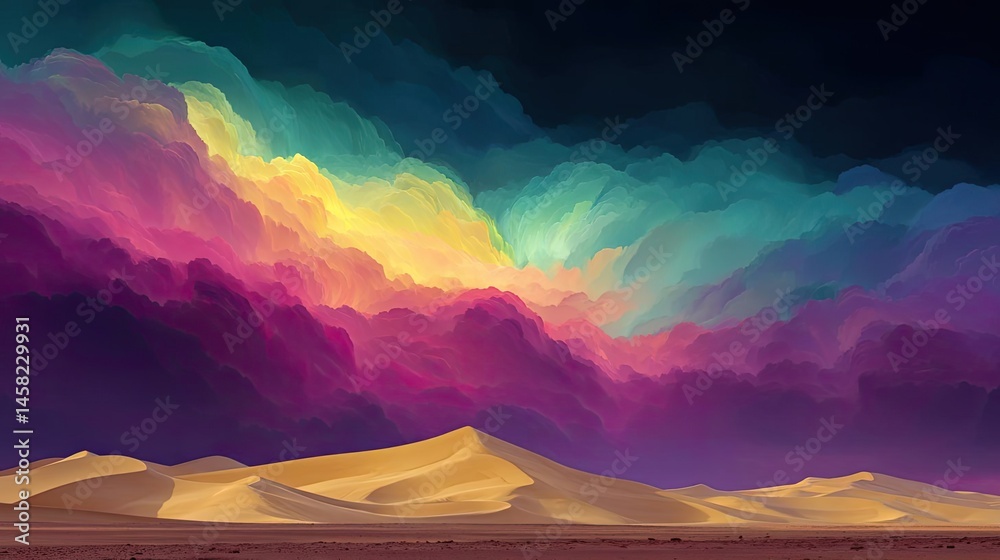 Panorama sand storm above dry dune with huge dust cloud concept. Vibrant desert landscape with colorful clouds at sunset.