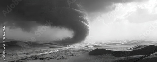 Panorama sand storm above dry dune with huge dust cloud concept. A dramatic black and white photo of a dust storm in a desert landscape.