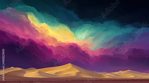 Panorama sand storm above dry dune with huge dust cloud concept. Vibrant desert landscape with colorful clouds at sunset.