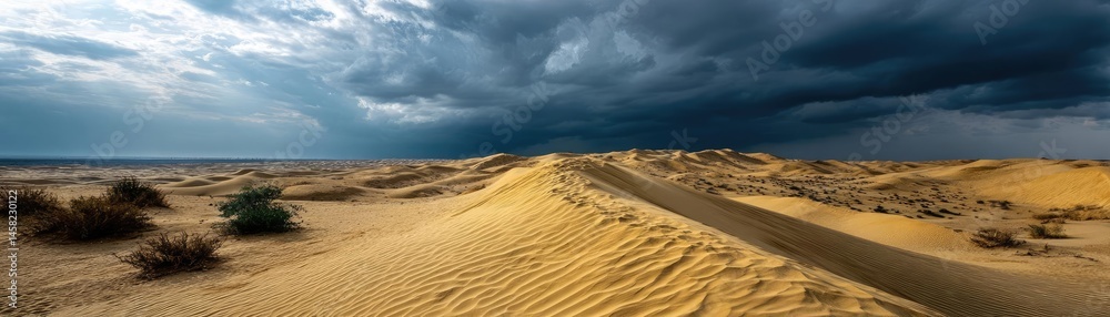 Panorama sand storm with dark clouds above arid dunes concept. Stunning desert view with dramatic stormy sky and sandy dunes.
