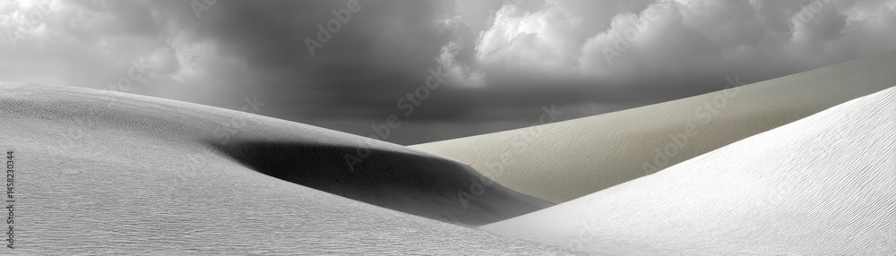 Panorama sand storm with dark clouds above arid dunes concept. A stunning black and white desert landscape with dramatic dunes.