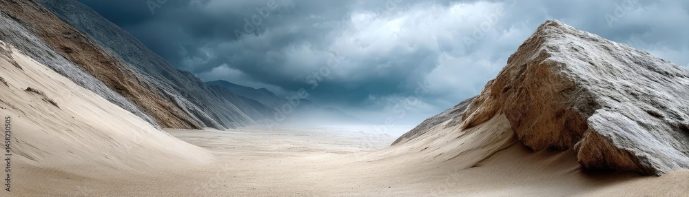 Panorama sand storm with dark clouds above arid dunes concept. A dramatic desert landscape with rocky formations and stormy skies.