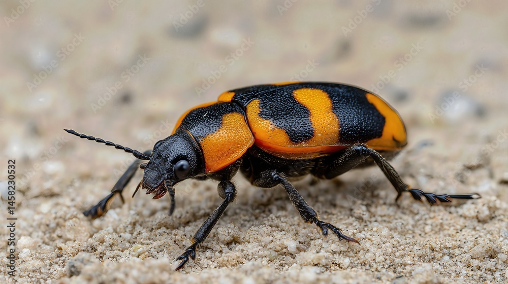 Fototapeta premium Close-up of the American burying beetle reveals its striking black and orange body and distinctive antennae, set against a natural backdrop. 