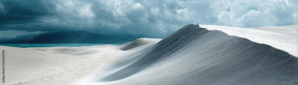 Panorama sand storm with dark clouds above arid dunes concept. Stunning sand dunes under dramatic clouds and a tranquil sea.