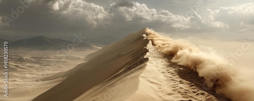 Panorama sand storm over huge dune with powerful wind wave concept. A dramatic sand dune rises under a cloudy sky in a desert landscape.