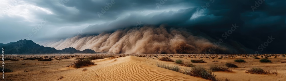 Panorama sand storm above dry dune with huge dust cloud concept. Dramatic desert landscape with sand dunes and dark storm clouds.