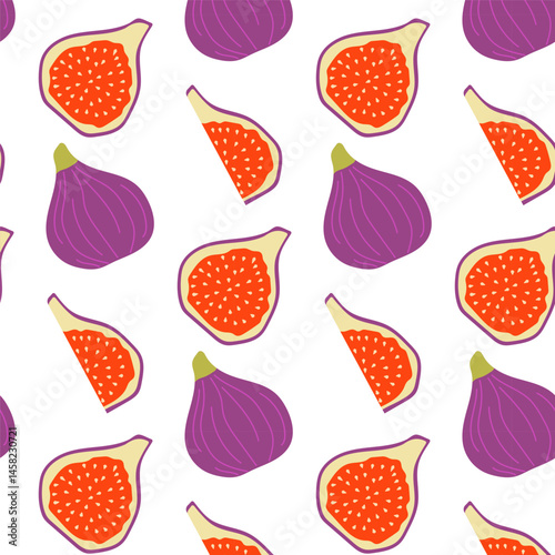 Colorful fig pattern featuring whole and sliced fruits on a white background for a fresh and vibrant design