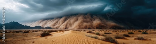 Obraz na płótnie Panorama sand storm above dry dune with huge dust cloud concept. Dramatic desert landscape with sand dunes and dark storm clouds. w salonie