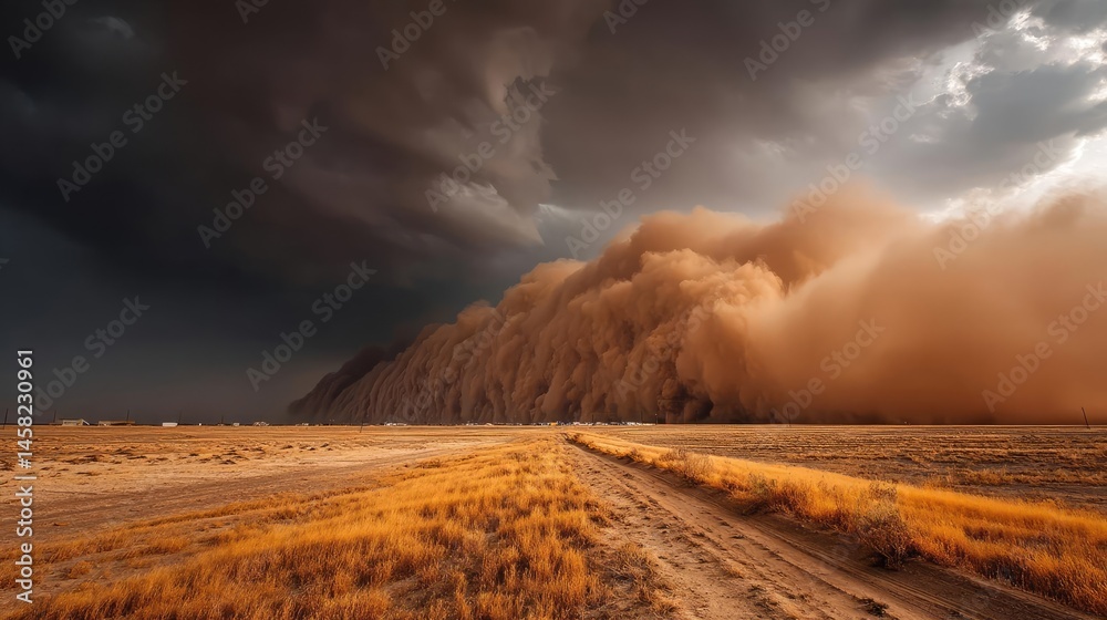 Panorama sand storm above dry dune with huge dust cloud concept. Dramatic dust storm approaching over an open landscape.