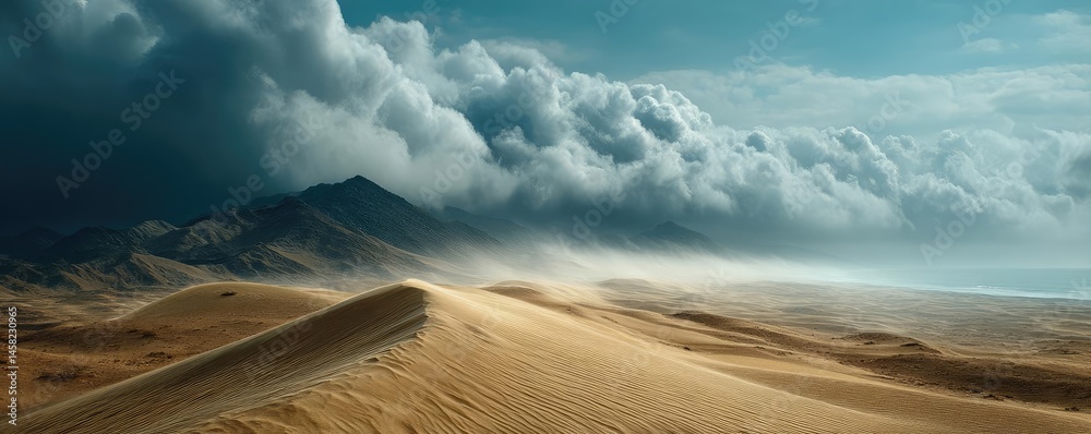 Panorama sand storm with dark clouds above arid dunes concept. Breathtaking desert scene with dramatic clouds and rolling dunes.