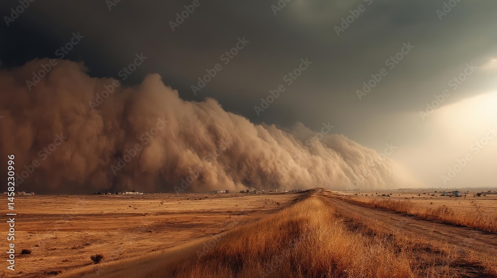 Panorama sand storm above dry dune with huge dust cloud concept. A dramatic dust storm approaches over a barren landscape.