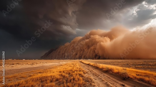 Obraz na płótnie Panorama sand storm above dry dune with huge dust cloud concept. Dramatic dust storm approaching over an open landscape. w salonie