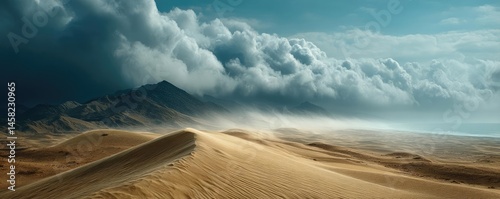 Obraz na płótnie Panorama sand storm with dark clouds above arid dunes concept. Breathtaking desert scene with dramatic clouds and rolling dunes. w salonie