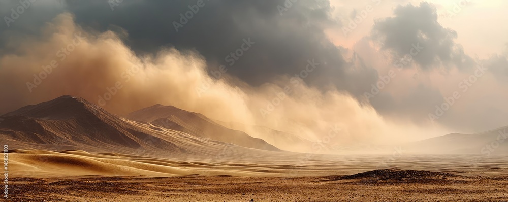 Panorama sand storm above dry dune with huge dust cloud concept. Breathtaking desert landscape with dramatic sand dunes and clouds.