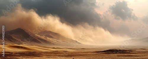 Obraz na płótnie Panorama sand storm above dry dune with huge dust cloud concept. Breathtaking desert landscape with dramatic sand dunes and clouds. w salonie