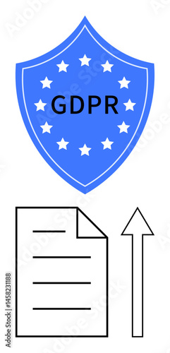 Blue shield with GDPR text and stars above a document and upward arrow. Represents data privacy, compliance, cybersecurity, EU regulations, data protection, legal policy, and ethical practices. Ideal
