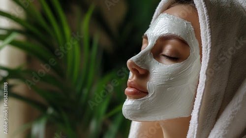 Woman relaxing with facial mask in spa setting.