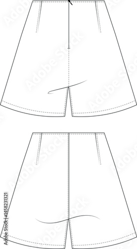 mid rise waist high rise waist darted tailored wide leg zippered pant short template technical drawing flat sketch cad mockup fashion woman design style model 
