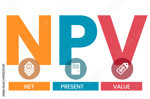 NPV - net present value. acronym business concept. vector illustration concept with keywords and icons. lettering illustration with icons for web banner, flyer, landing page, presentation