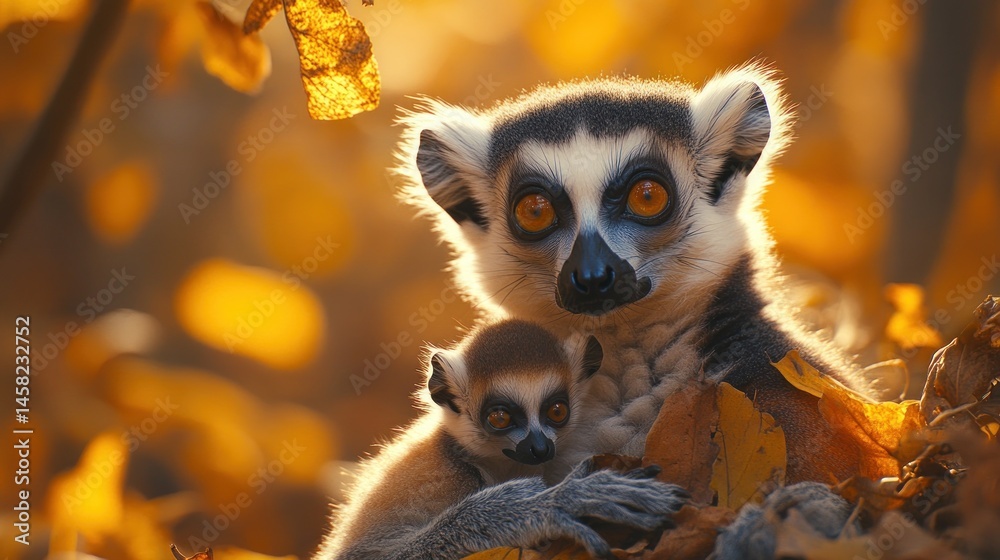 Obraz premium Ring-tailed Lemur Mother and Baby in Autumn Leaves