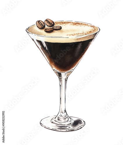 PNG Espresso Martini cocktail in a martini glass with coffee foam and cocoa powder. Watercolor illustration