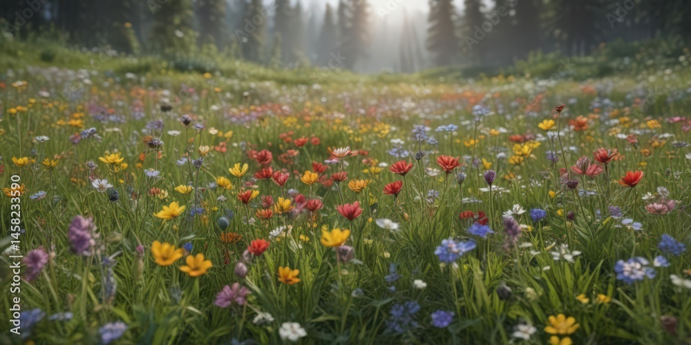 Fototapeta premium Wildflower profusion, diverse blooms in lush meadow, flowers, ecology