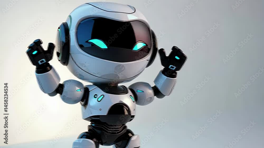 The cheerful robot character features a sleek white and black design with glowing blue accents, poised playfully in a well-lit, minimalist background. The cheerful robot character features a sleek white and black design with glowing blue accents, poised playfully in a well-lit, minimalist background.