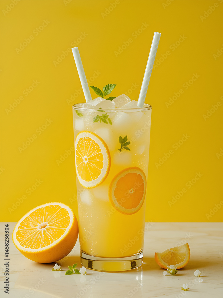 Fototapeta premium Refreshing citrus juice bright yellow background beverage photography vibrant environment close-up view summer refresher