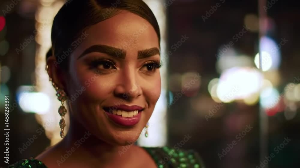 Luxury woman smiling camera standing in front glass wall night club close up Luxury woman smiling camera standing in front glass wall night club close up