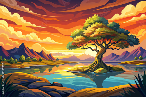 landscape featuring a lone tree in the center of a tranquil lake during sunset with vibrant colors reflecting on the calm water surface. Ideal for nature backgrounds, serenity, peaceful moments vector