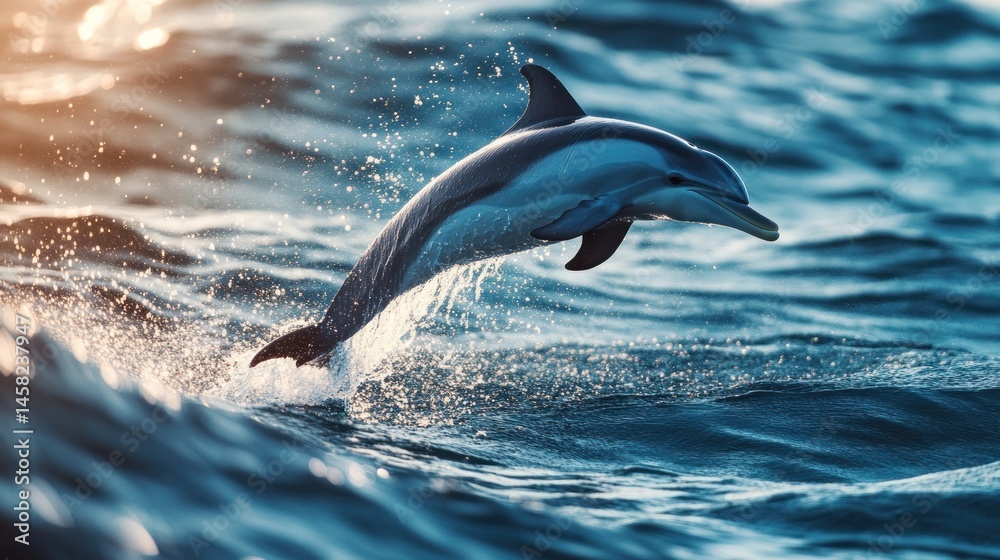 Fototapeta premium Dolphin leaping ocean wave sunlight marine wildlife