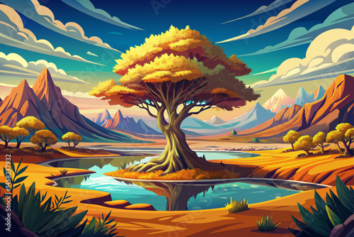 landscape featuring a lone tree in the center of a tranquil lake during sunset with vibrant colors reflecting on the calm water surface. Ideal for nature backgrounds, serenity, peaceful moments vector