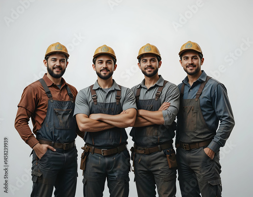 Team of Construction Workers Wearing Hard Hats and Overalls Smiling