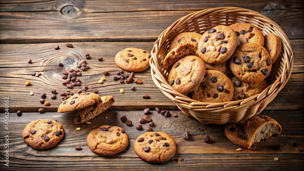 Crunchy chocolate chip cookies scattered on a wooden table, with broken pieces spilling out of a wicker basket, pieces Crunchy chocolate chip cookies scattered on a wooden table, with broken pieces spilling out of a wicker basket, pieces