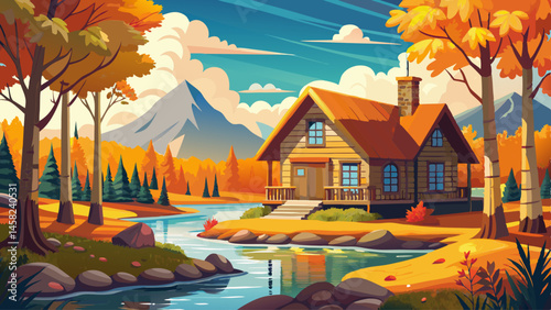 A cozy log cabin overlooks a sparkling river, surrounded by golden autumn trees