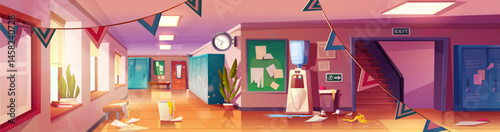 School corridor messy scene - hallway floor littered by garbage. Bulletin board notices scattered, lockers ajar. Overturned trash bin, spilled water cooler. Chaotic educational facility interior.