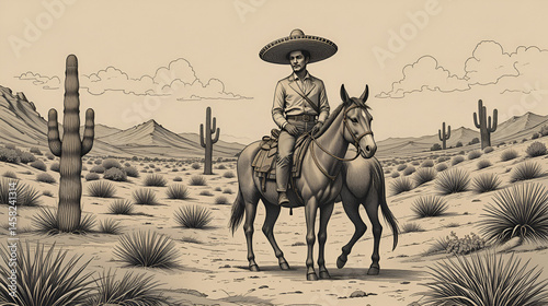 Mexican man in sombrero riding donkey in desert with cacti. Vintage engraving style, vector illustration.