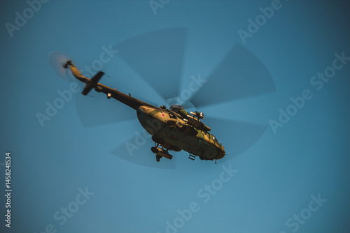 Military Helicopter in Combat Flight, Army Aviation Action Shot