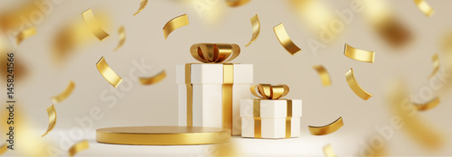 Golden gift box podium with falling confetti on light background - realistic 3d of white present packages tied with shiny ribbons and bow behind round pedestal stage. Festive scene for product display