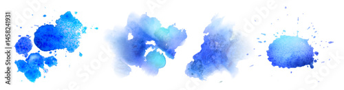 Blue watercolor paint splatter stains set - bright azure cobalt indigo shades, abstract uneven splash shapes, dynamic fluid ink blobs. Artistic backdrop decoration, vivid liquid color splashes.