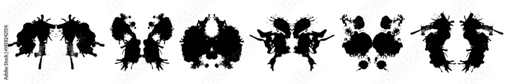 Rorschach test inkblots set isolated on white background. Vector realistic illustration of abstract black ink stains for mental treatment, abstract silhouettes for psychology examination, tattoo image
