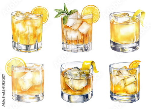 PNG Set of six Penicillin cocktails in clear glasses with ice cubes, lemon slices, citrus peel, and herbs. Watercolor illustrations of blended Scotch whisky drinks 