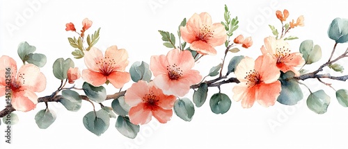 Elegant watercolor floral arrangement with cherry blossoms & ferns. Blush pink, sage green & ivory tones. Ideal for wedding invitations, cards, serene spring designs.
