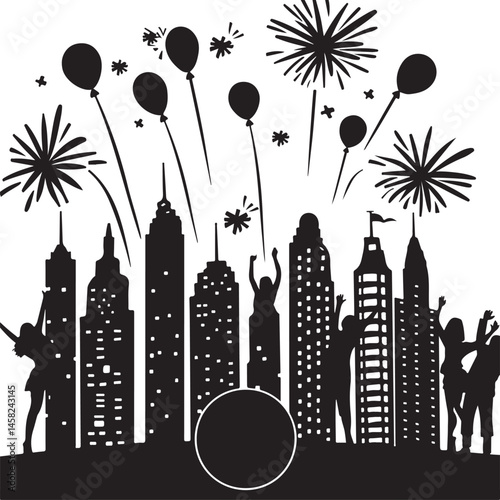 city in the night, city, night, skyline, building, illustration, vector, town, sky, fireworks, urban, cityscape, silhouette, moon, architecture, new, skyscraper, celebration, house, light, design, bui