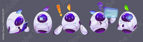 Chatbot assistant mascots set isolated on background. Vector cartoon illustration of bot character fixing smartphone, using magnifying glass for search, showing battery charge, AI chat character
