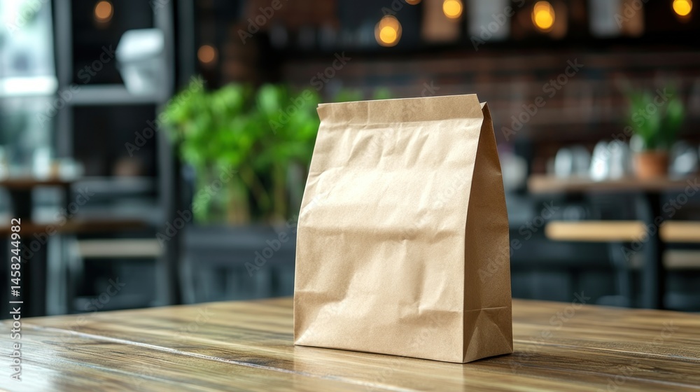 Brown paper bag on wooden table in cafe setting Brown paper bag on wooden table in cafe setting