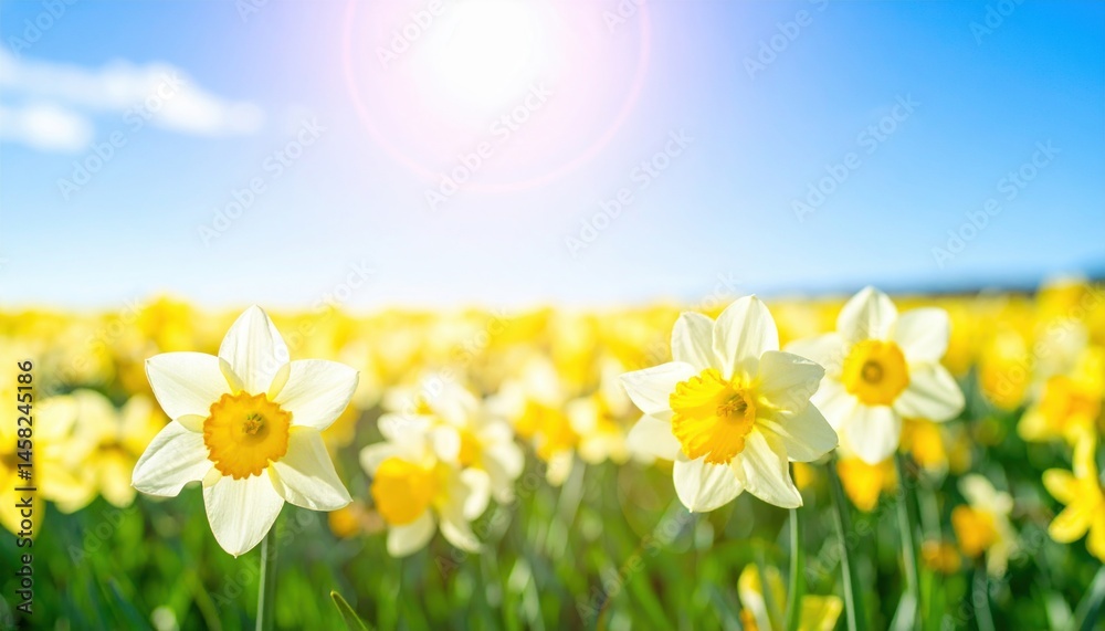 Fototapeta premium Blooming daffodils in a sunny field nature photography bright environment scenic view floral concept