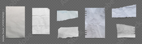 Paper sheet fold collection - various shapes torn white, checkered and dirty notes, crumpled textured pages with creases wrinkles and tears cut edges. Scattered realistic 3d illustration set.