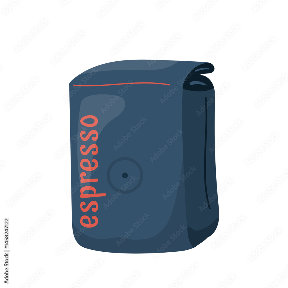 Obraz premium Rectangular espresso coffee pack in flat style. Minimal modern packaging with valve, dark color and bold lettering. Ideal for branding, design, cafe menu. Coffee bean bag. Flat vector illustration